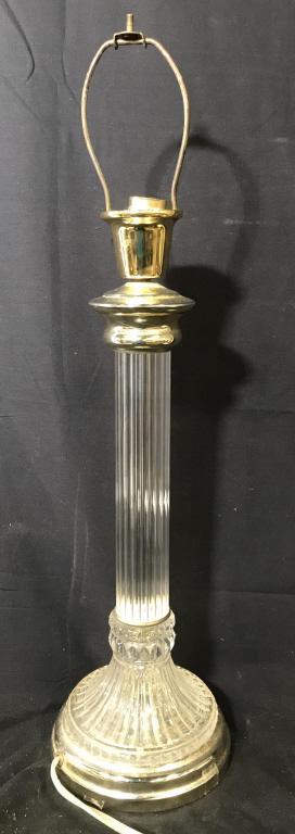 Glass Side Table Lamp: Lamp is glass with Pillar like structure. Piece has light gold toned base. Piece measures approximately 26 inches tall 7 inches wide. Table lamp, home lighting and accessories home decor glass, 6