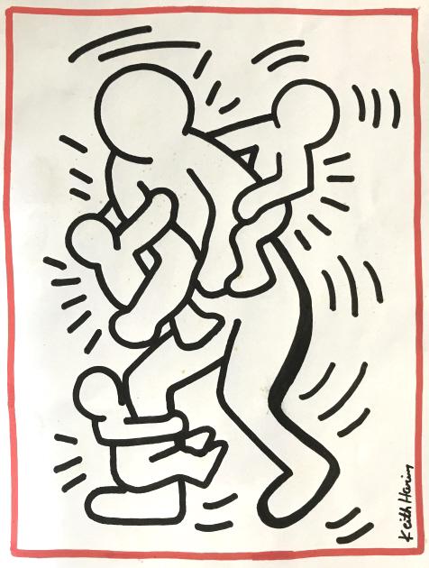 Signed Pop Art Drawing After KEITH HARING: Signed Keith Haring in lower right corner, attributed to Keith HARING (American, 1958–1990). Verso has Authorized by the Estate of Keith Haring stamp, and additional stamp that reads Art Gallery New