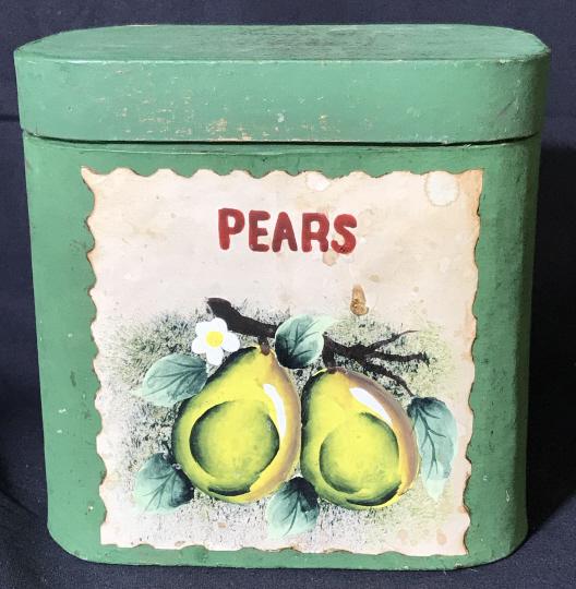 Hand Painted Vintage Canister, Philippines: Decoupage canister decorated with pears and labeled ‘Pears’. Brushed gold tone paint added over green. Made of cardboard material, sticker on underside reads ‘Made in Philippines’. 7 1/4 in wi