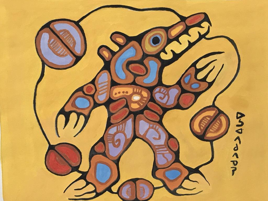 ‘Medicine Bear’ after Norval Morrisseau, Gouache: Gouache and ink painting on paper, image size 7 x 9 in. Paper, 8.25 x 10.25 in. Unframed. Paper worn and slightly warped due to exposure and age. Writing in ink on right side, possibly Native Canadian