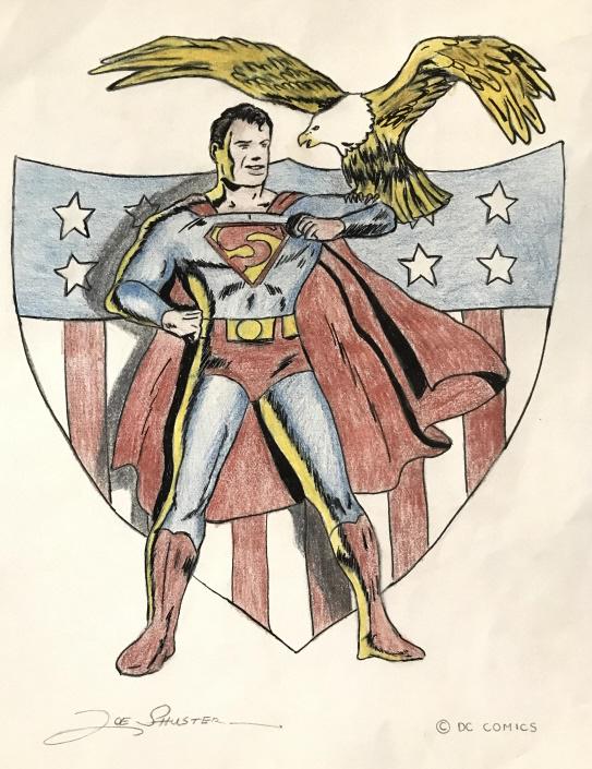 Signed Superman Drawing On Paper After Joe Shuster: Signed Joe Shuster colored pencil, graphite and possibly ink on paper drawing depicting Superman standing in front of a Shield with an bald eagle perched on his arm, Signed in pencil Joe Shuster in lo