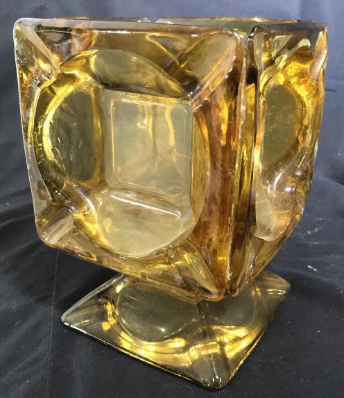 Heavy Murano Glass Planter Vase, Amber Colored: Mid Century Murano Glass Planter on pedestal. Unique ‘ice cube’ style. Translucent yellow- amber glass. Narrow square planter opening that reaches far down to pedestal (app 6 in. deep). Vase measu