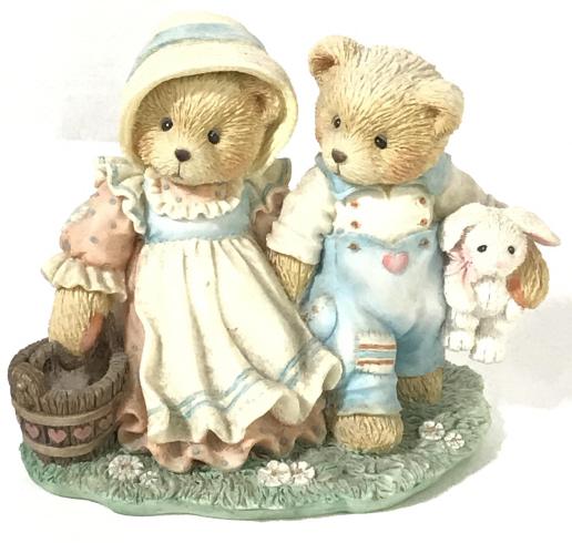 Cherished Teddies Jack & Jill Porcelain Bear: C. 1993 Cherished Teddies Jack & Jill Sculpted porcelain collectible. Underside has official markings, Reg. # 4C6/133, item # 64772. Depicts email bear holding water pail, male bear holding a bunny ra