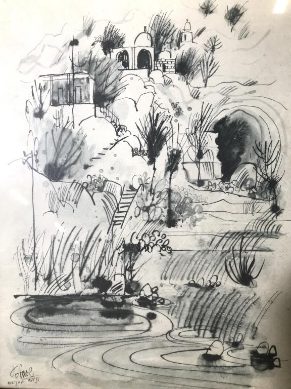 Framed Print Of An Ink Drawing: Print reproduction of a scenic ink drawing, depicting grassy hill with buildings in background, resembles Indian / Middle Eastern architectural, Print is professionally frame. Signed illegibly in prin
