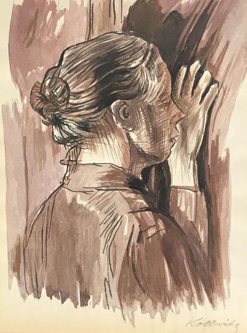 Watercolor & Marker After Kathe KOLLWITZ: 9 3/8 x 7.5 in. Watercolor on paper outlined in pencil. Signature in pencil, lower right corner. Some toning of paper, waving of paper on bottom and left side, consistent with exposure and age. Waterc
