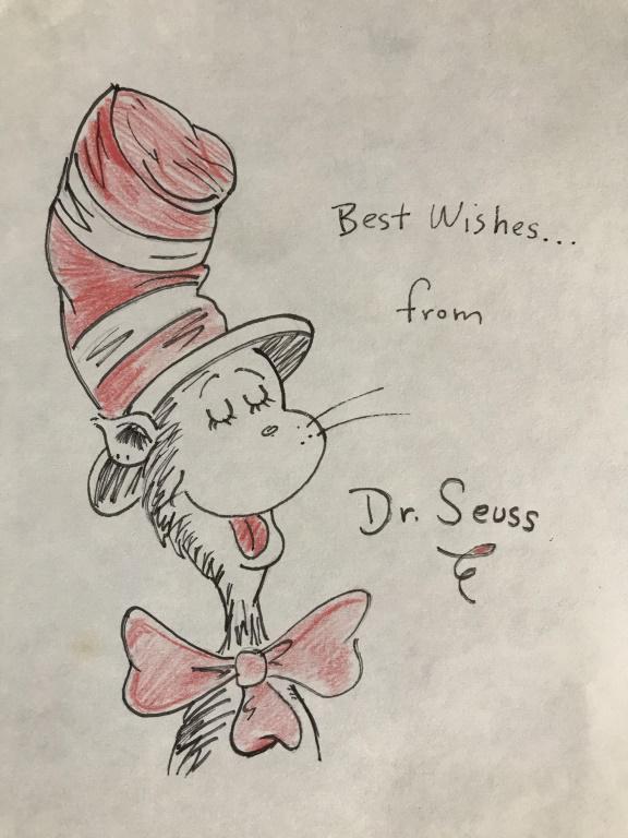Signed The Cat In The Hat Drawing After Dr. Seuss: Black pen and red colored pencil drawing depicting The Cat In The Hat, written next to image reads Best Wishes from Dr. Seuss, attributed to Dr. Suess, Theodor Seuss Geisel, Measures approx 5.25 inche