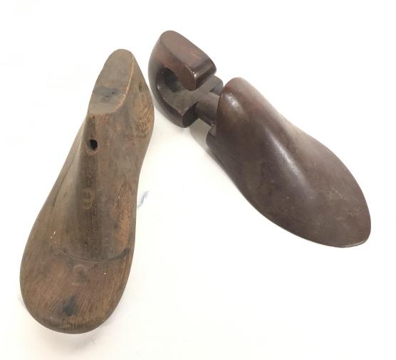 Lot 2 Vintage Wooden Shoe Forms, Child Size: Dark Wood, one possibly cherry wood, the other possibly oak wood, vintage possibly antique. App size 7 x 3 in. One has grab handle, the other has rusted metal on underside heel. Up cycle, Shoe Mold, S