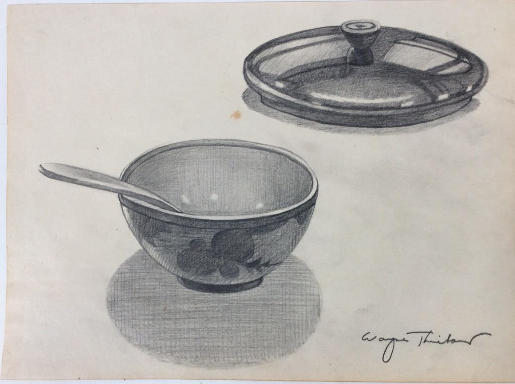 Signed Pencil Drawing After WAYNE THIEBAUD: Signed Pencil Drawing on paper After WAYNE THIEBAUD (American: born Nov 15, 1920) depicting a Lidded bowl with spoon, signed in lower right corner in pencil, not framed, marked on reverse with two red