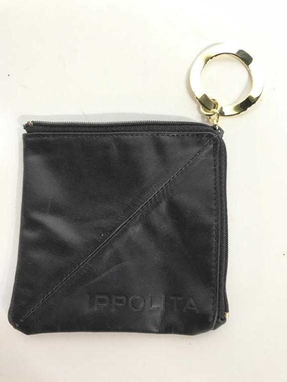 IPPOLITA Black Leather Carry Pouch/ Money Bag: Signed gold tone handle, smooth black leather, zips open on 2 sides for maximum access, 4.5 x 4.5 in. Leather Accessory, Leather Pouch, Ippolita, Luxury Brand, Mini leather carry pouch, Ippolita leath