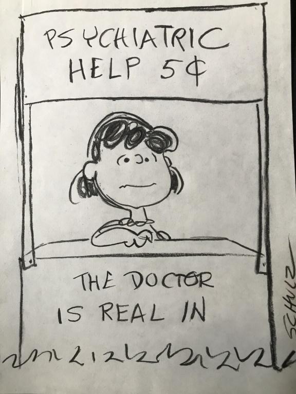 Signed Crayon On Paper, After CHARLES SCHULZ: Signed Crayon On Paper Depicting Lucy of The Peanuts Gang Sitting at a booth. The booth’s sign reads, ‘Psychiatric Help 5 cents’, and ‘The Doctor Is Real In’. Signed Schulz along the right h