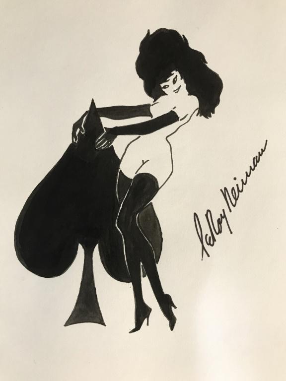 Pen On Paper Drawing ‘Femlin’ After LEROY NEIMAN: Signed on right side of image, attributed to LeRoy NEIMAN (American, 1921-2012). Felt-tip pen drawing on paper depicts female nude figure with long black gloves, black thigh high stockings and heals h
