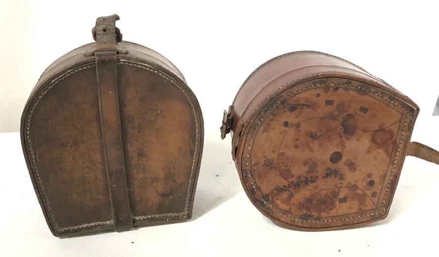 Lot 2 Vintage Leather Saddle Pouches: Hard form leather pouches for horse saddle or belt, 6 x 6.5 x 3 in. & 5.75 x 5.75 x 3.5 in. This piece has a flaked leather strap ( needs replacement). Saddle Pouch, Saddle Bag, Horse Riding Accessory