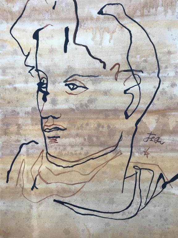 Signed Ink & Watercolor, after JEAN COCTEAU: Watercolor and ink lime art, signed on right side of image JEAN COCTEAU (French, 1889-1963), After JEAN COCTEAU. The piece depicts line art of a male figure, in ink. The piece is unframed, on paper an