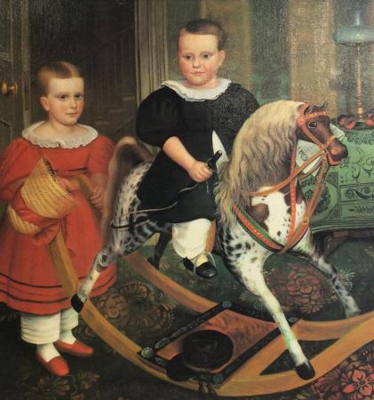 The Hobby Horse Art Print On Canvas: Canvas transfer art print, label on reverse reads “the Hobby horse” Unknown American Artist C 1850. National Gallery of Art Washington DC. Two small children in playroom on rocking horse. Framed i