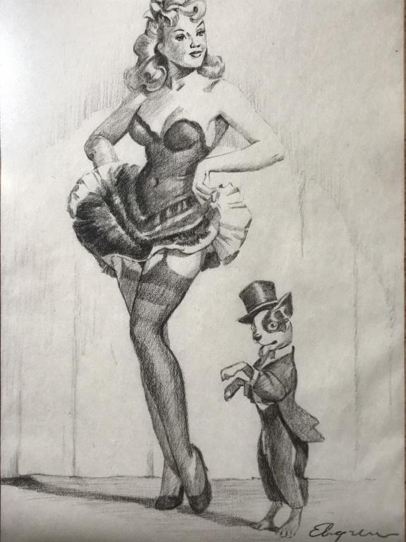 Signed Framed Pencil on Paper, after GIL ELVGREN: This piece is a framed portrait of a Pin-Up model with a dancing dog, on stage. The piece is pencil on paper, after GIL ELVGREN (American, 1914-1980) The piece is signed in the lower right corner of t