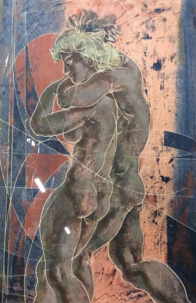 Framed Art Print Erni ‘Lovers’: Rudolf Lesch Fine Arts label on reverse. Framed art print, bright colors including pinks and blues, gestural line details, two nude figures in embrace, cubist geometric style background, classical scu