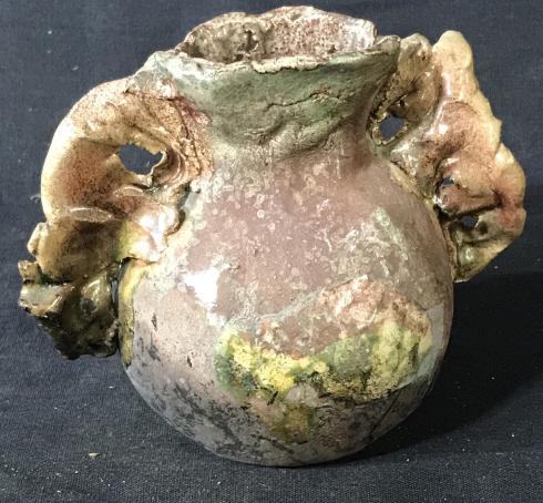 Hand Formed Ceramic Artisanal Bud Vase, signed: Multi color vase, pars are artistically glazed. Measures 5.5 in. wide, 4 in. tall, 3 in. deep. Signed in black on underside, illegible. Hand Formed Ceramic, Table Decor and accessory, pottery, hand ma