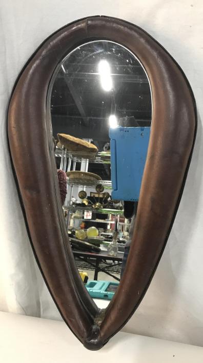 Antique Leather Oxen Yoke Mirror: Possibly Antique Leather Oxen Yoke Mirror , measures approximately 23 inches long x 13 inches wide x 3.25 inches deep, marks, scratches and cracks to leather in areas. Country House Decor, Oxen Yoke D