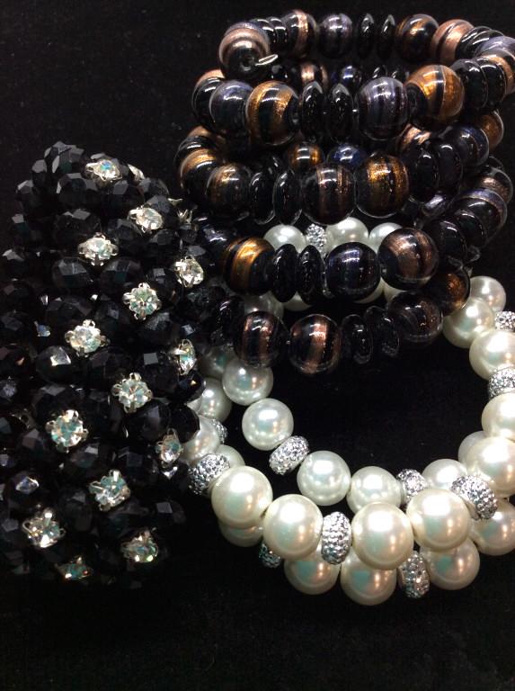 Lot 3 Rhinestone, Glass Bead Bracelets: Rhinestone & jet bead stretch bracelet, 1 in. wide, vintage deco style. 2 missing rhinestones. Artisanal Black Glass Beaded Multi wrap Bracelet. 4 strands, embellished glitter color, one size, heavy p