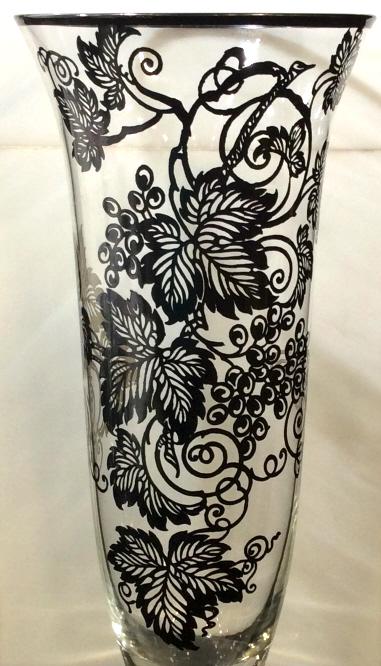 Set of 3 Black stencil on Glass Tableware: Vase with round Base, 9 3/4 in. tall, footed creamer and footed sugar vessel. No surface issues. Glassware, Flower Vase, Creamer Sugar Set, Tableware, Tabletop Accessory & Decor, Kitchen, Black floral