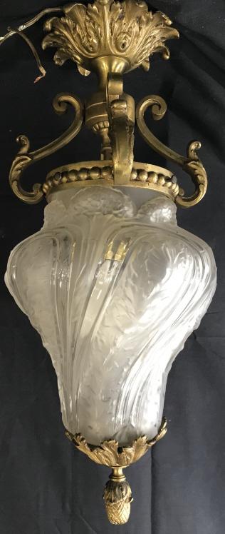 Bronze W Frosted Glass Chandelier Light Fixture: Ornate Golden bronze with scrolls, tack design, leaf /garland design & pineapple pendant. Embossed frosted glass, tightening screws to glass. Wired. Flush mount to ceiling. Hangs 20.5 in. app 10 in. w