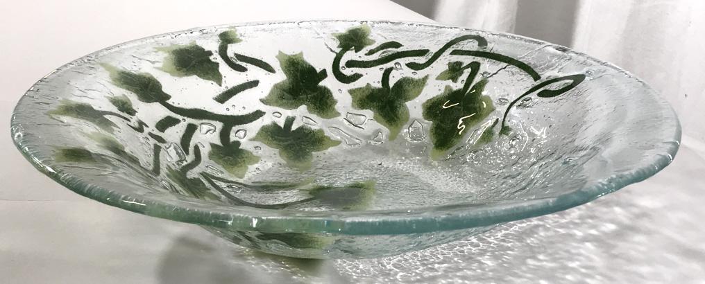Textured Art Glass Bowl w Painted Vine Design: Wide rim bowl, underside embossed and textured. 3 in. ht, 13 in. diameter. Glass is textured and bubbled. Glass Tableware, Centerpiece, Serving Bowl, Grapevine Design, Bubble Art Glass, Textured Art G