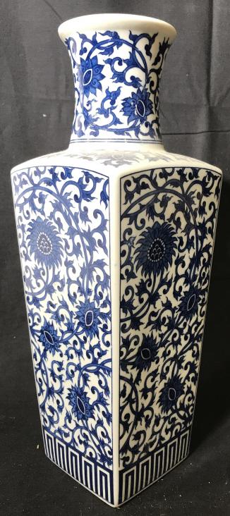 Blue & White Doucai Collectible Chinese Vase: Vintage Chinese Porcelain Square Vase. 14.5 in. tall, app 5 in. width. Design of ‘sun flowers’ and stems with scrolls. Greek Key pattern lower rim. Decorative Arts, Chinese Doucai Porcelain, Vinta