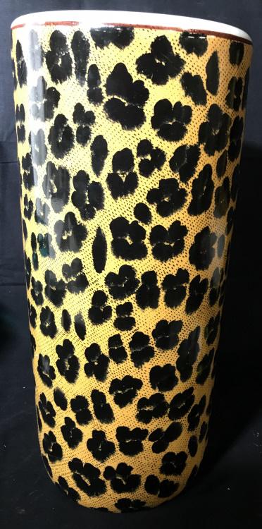 Centrum Ceramics Animal Print Umbrella Stand: Label on underside reads Centrum Ceramics, Leopard Print Umbrella Stand. Large piece missing from underside and continued crack, crack appears to have been repaired, 18 in. Long, 9 in. Wide. signed wi