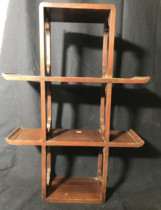 Asian Style Wood Display Shelf: 8 places to display collectibles, dectorative accessories etc.. Made of wood, sturdy, scratches from use and exposure, hardware for wall built in. 19. 3/4 x 14 in. Display shelf, Asian Style Wall Shel