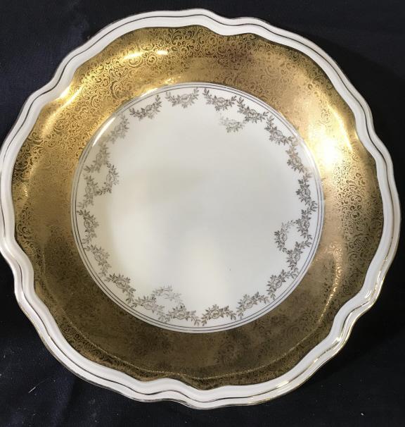 Bavarian ALKA Vintage Gilt China: Wide band of embossed scroll gilt on cream color China. 11.25 in. Underside hallmark in green reads ‘alka Bavaria’, under glaze. China plate Style, Marion #74. Fine China, China plate, Gilt and po