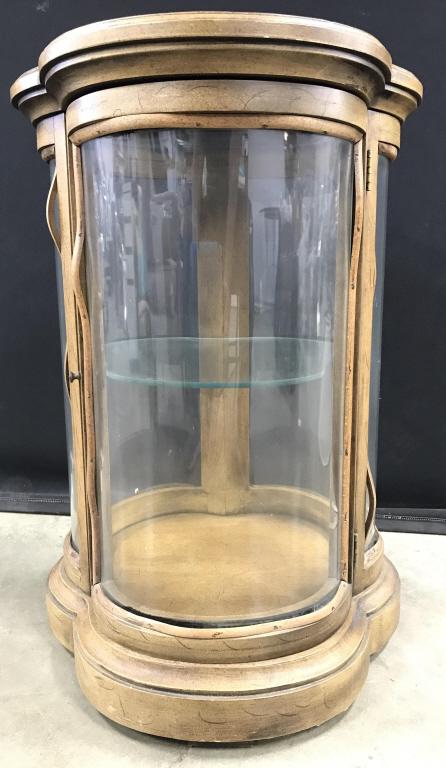 Vintage Wooden Side Table Display Case: Display case side table includes 1 glass shelf. Piece is wooden. Piece has 3 leaf clover like shape. Piece has 1 door. Side table, end table, display case, curio cabinet, clover table, wooden side tab