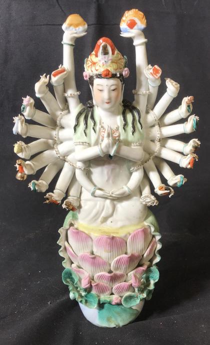 Signed Vintage Chinese Porcelain Guanyin Figural: Chinese Ceramic Buddhist Goddess Maa Durga. Porcelain hand-painted and hand-gilded Statue, 11.5 x 6 1/4 in. Underside has potters mark ‘m’ or ‘3’ with # 258 carved into piece. No major surface