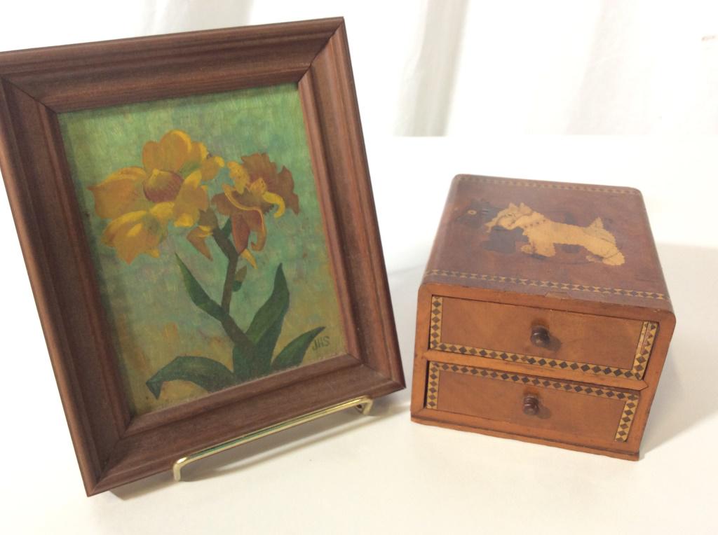 Lot 2 Vintage Wood Box, Signed Oil On Board: Two drawer box, for jewelry or other trinket items, Scottish Terrier decor with reticulated diamond pattern, Burl and maple wood. 4 1/4 x 3 3/4 in. Ht app 3 in. Drawers pull all the way out. Minor vin