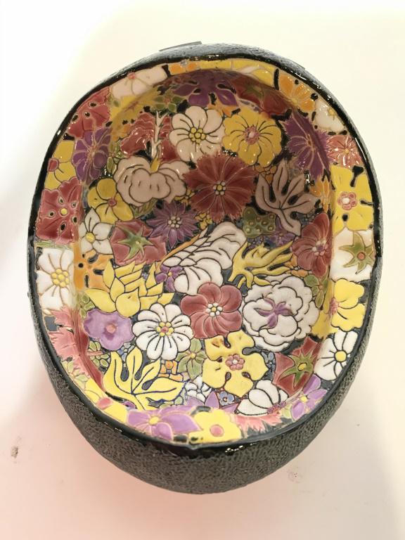 Floral Detailed Ceramic Bowl: Trinket dish is ceramic. Contains intricate multi toned floral detail. marked on underside Vietnam, Trinket dish, trinket bowl, ashtray, tableware, tabletop acccessories, floral trinket dish. Piece me