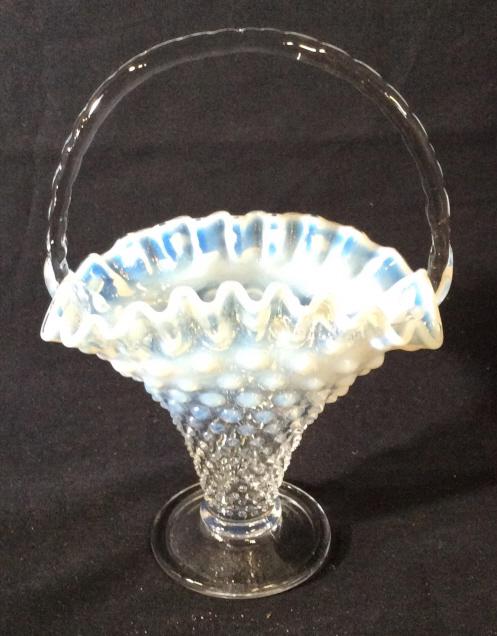 Mid Century Hobnail Bubble Basket Bowl: Opalescent Glass, in the style of a combined carnival and vaseline glass. Embossed bubble hobnail, Clear Glass Handle And Round Base. Use as a candy dish, display, or add to your collection. 9 in ht,