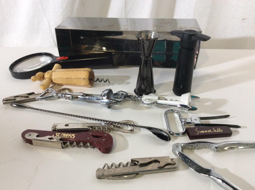 Lot 14 Bottle Openers, Barware: Several Wine Openers, nut cracker, cork screw, stirring spoon, jigger, more. Chrome box for storage. Barware, Bartender Accessories, Cork Screw, Wine Bottle Opener, Kitchenware, Party Cocktail Accesso