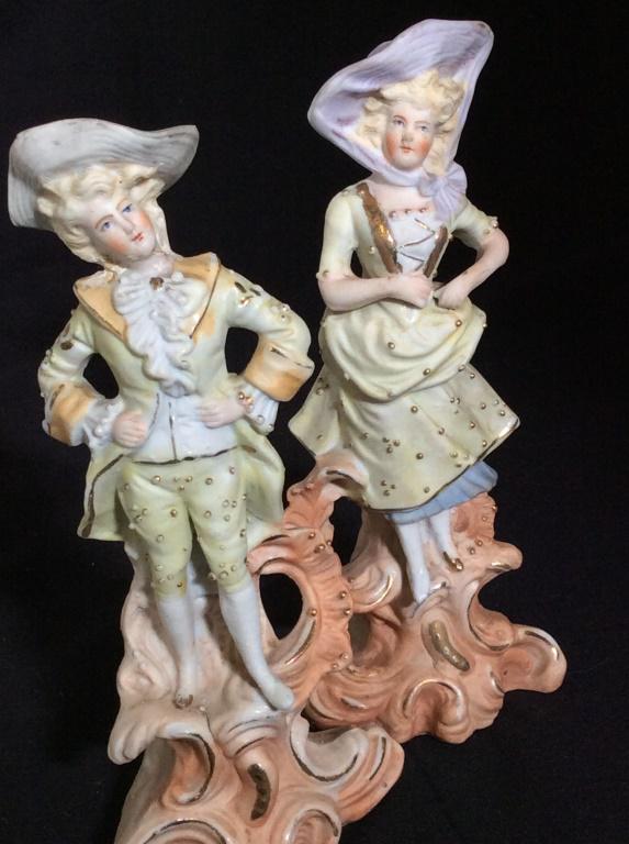 Pair Signed Old Paris French Porcelain Figurals: French Nobleman & Woman Hand Painted Antique Porcelain Figurals. Underside of woman reads ‘May 1902 Mari Meyer (illegible word), handwritten. App 6.5 in. tall. 3 in. wide. Old Paris Figural, Fine Fr