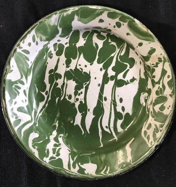Set12 Vintage Splatter Enamelware Finger Bowls: This is a set of 12 enamelware plates. The plates are vintage, possibly antique. The plates are colored in white and forest green tones on a black base. Each plate measures approx 4.6 inches in diamet
