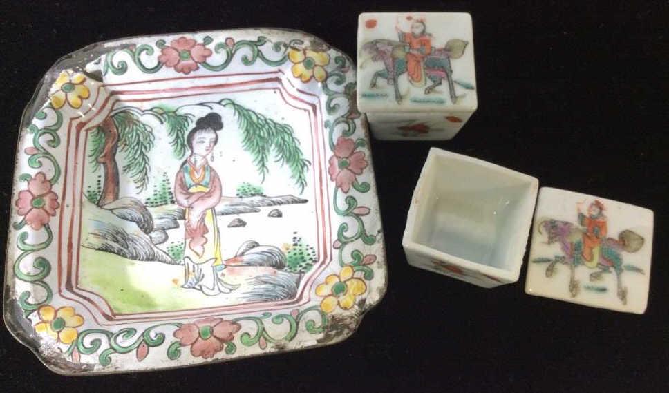 Lot 15 Vintage Jasperware, Tableware, China: Green Jasperware Style Creamer, Victorian cameo profile. Interior glazed. App 4 x 4 in. Enameled Chinese Trinket Dish. Some wear to enamel. Matching Chinese Porcelain Trinket/Spice Jars with Lids, app