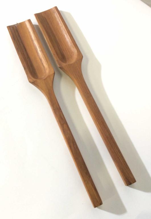 Pair DANSK MCM Teak Salad Servers: Teak wood from Thailand. Salad Servers, square shape. 13.5 in. long. Marked Dansk. Teak, Salad Servers, Dansk, Kitchenware, Salad Spoons, Tableware, Teak Salad Spoons, MCM, designer tableware, flatwar