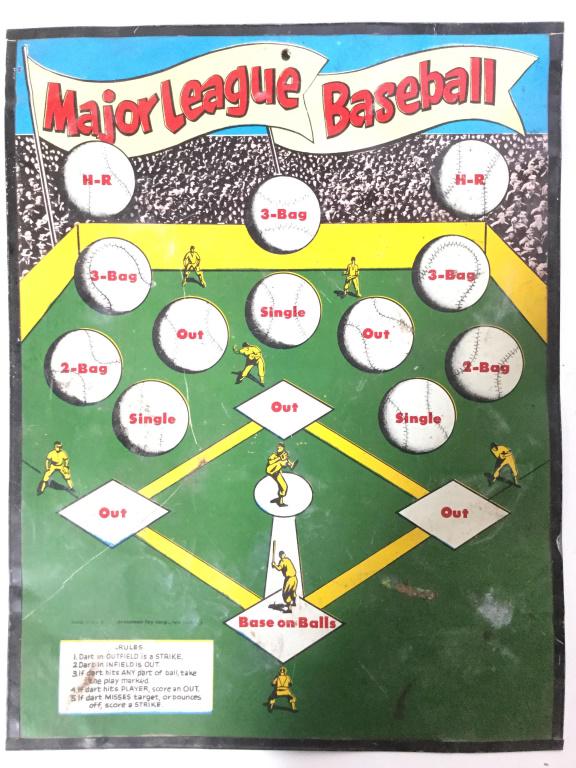 PRESSMAN TOY CORP Metal 2 Sided Dartboard Game: Piece is marked PRESSMAN TOY CORP. Piece is vintage. One side has baseball dart game the other side has TWENTY POINT dart game. Piece measures approx 17.5 inches tall 13.5 inches wide. toy, collectibl