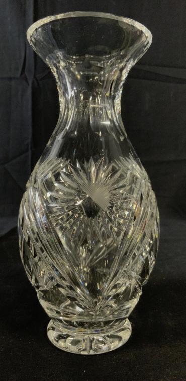 Cut Crystal Glass Vase Vessel: Cut Crystal Glass Vase Vessel With flower and line design, measures approximately 8.25 inches tall x 3.75 inches in diameter. No condition issues noted. Crystal Vase, Cut Glass Vase, Tabletop Decor, V
