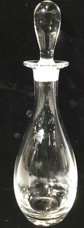 Glass Decanter W Stopper: Decanter is glass. Piece includes stopper. Measures approximately 11 inches tall 3.5 inches wide. Glass Decanter, Decanter with stopper, barware tabletop accessories 6