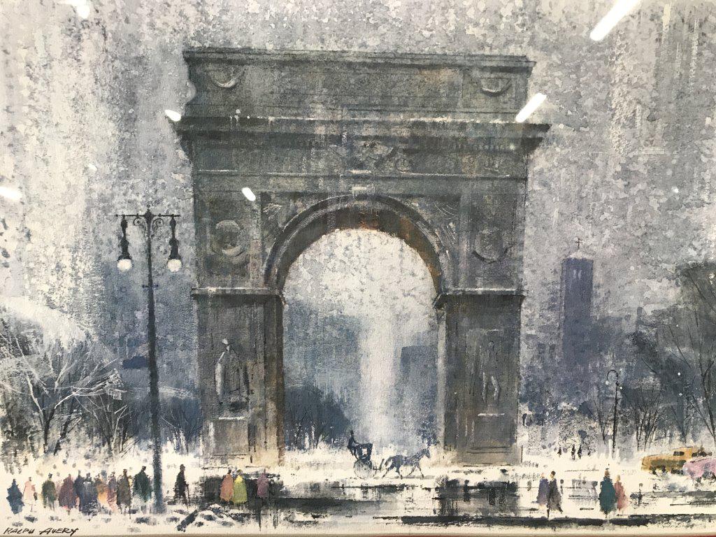 Signed RALPH AVERY Arc De Triomphe Print: This is a signed print, the signature is included as part of the print in the lower right hand corner of the image. The art depicts people and cars commuting around the landmark. The art is set beneat