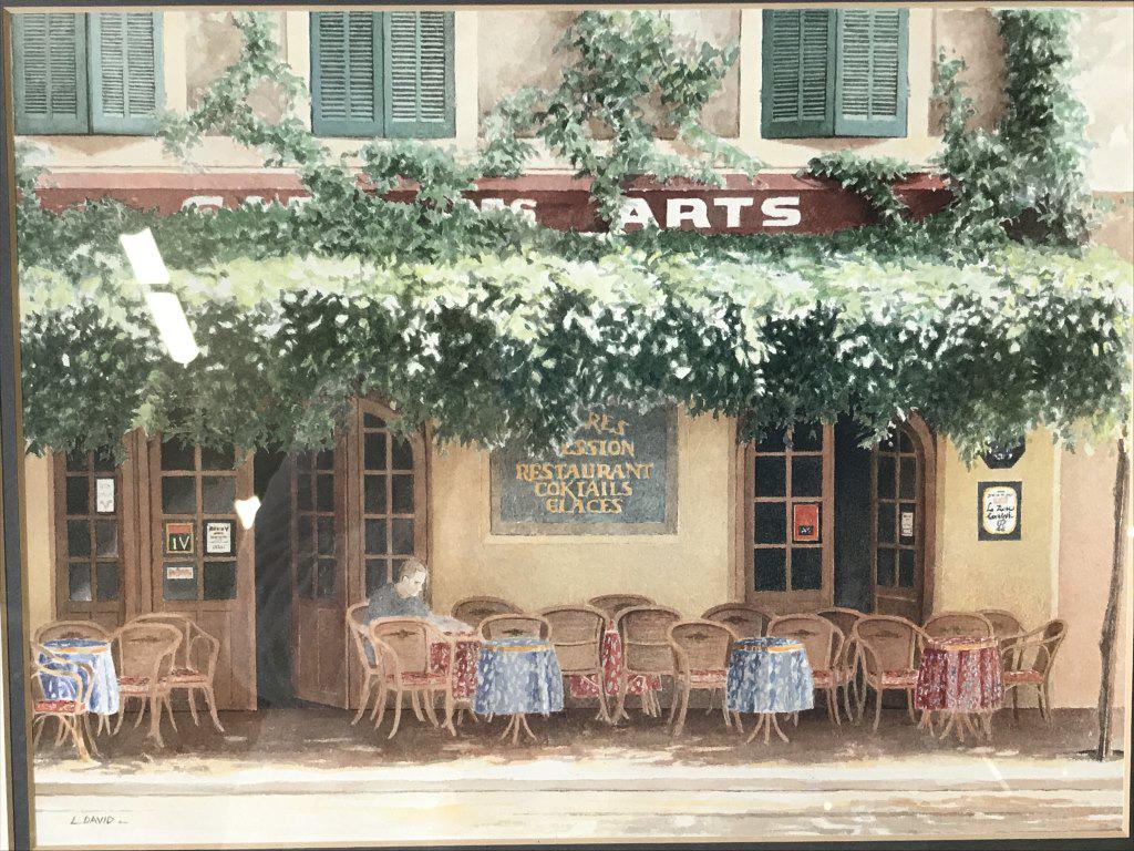 L. David Frant Print, Exterior Of Cafe Restaurant: App 19 x15 in. Doubled matted under glass. Signed print lower left, L. David. Thin gilt wood frame with moss green line between Beveled wood. This lot corresponds with lot # 394. Artist Laurence David