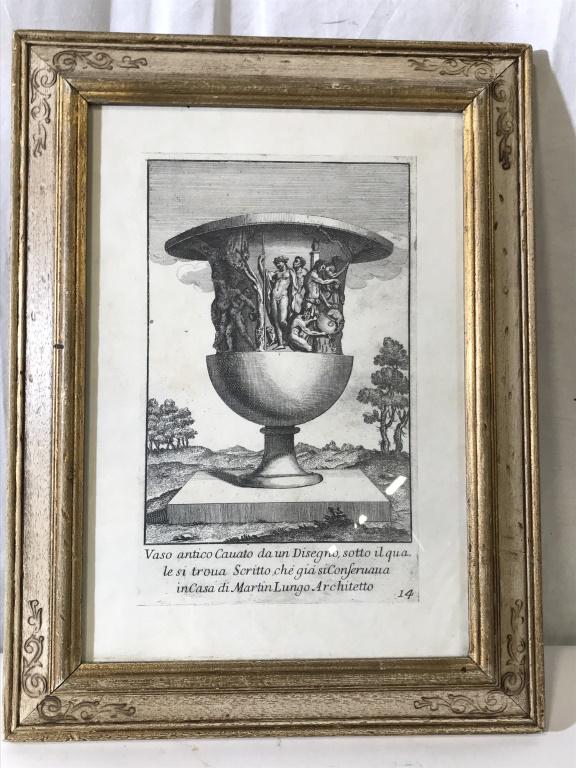 Framed Roman Neo Classical Ink On Paper, Italy: Gilt and whitewashed Beveled wood frame with carved scrolls to corners. Ink print depicts colossal Urn with semi nude goddesses holding hands. Stenciled writing in Italian Reads ‘ Vaso antico Cauato