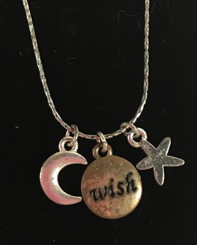 Lot 3 Solitaire Pearl Style, Rhinestone, Charm: Necklaces, 2 choker on fish wire. Each has solitaire pendant; fashion pearl, heart rhinestone. Each, 13.5 in. ‘Wish’ pendant, crescent moon and star charms with silver tone chain, 16 in. Pearl Sty