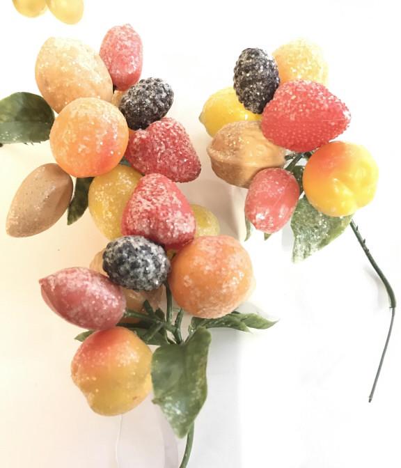 Decorative Table Fruits, Ornaments: Centerpiece decor, Christmas tree decor or ornament or shelf display. Bunches of green grapes and glittered nut & fruit bunch. Apricot, lemon, strawberry, peach , date in a bunch connected together by