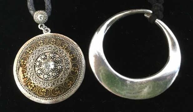 Lot 3 Beaded Choker, Mandala Pendants: Victorian Style Black Beaded Choker. Seed beads, black. 13-14 in. Two pendant necklaces on black cords. Lia Sophia Center rhinestone mandala pendant with intricate reticulated metalwork. Pendant 1 3/8