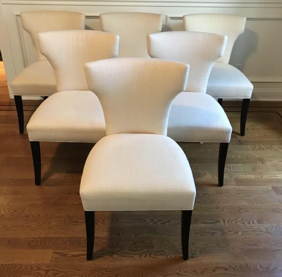 Set 6 CRATE & BARREL Sasha Dining Chairs: Set 6 CRATE & BARREL Sasha Dining Chairs With cream toned custom upholstery and welted trim, marked on underside with Crate & Barrel label, no condition issues noted, measures approx 36.5 inches tall 